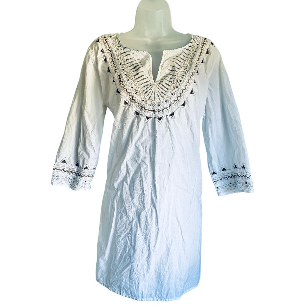 Style & Co. Embroidered Beaded Tunic Lightweight Top White Turquoise Cotton Med.